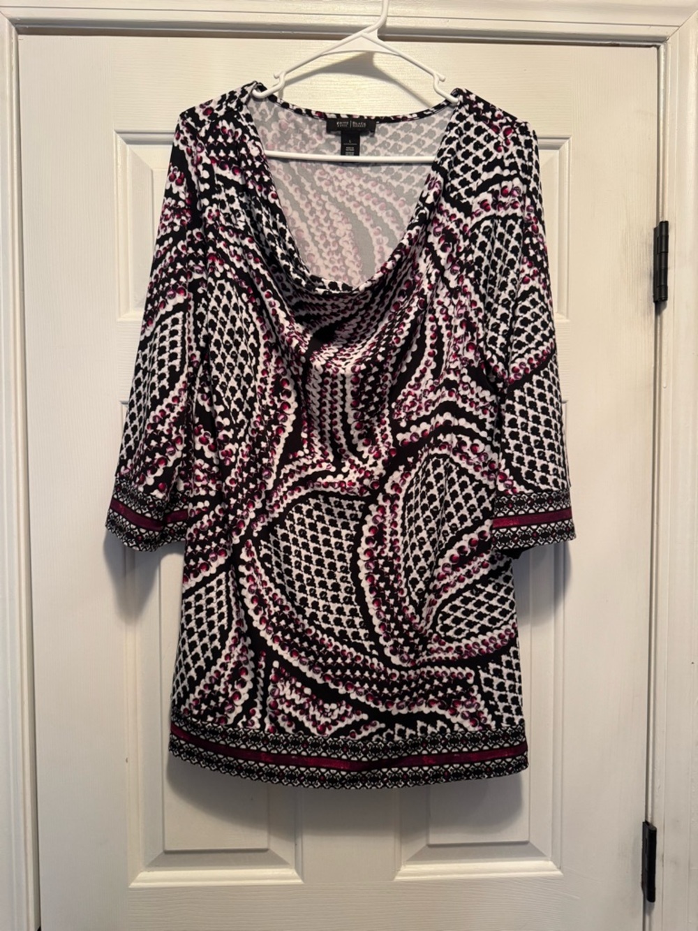 White House Black Market Black White & Purplish/Burgandy Printed Top